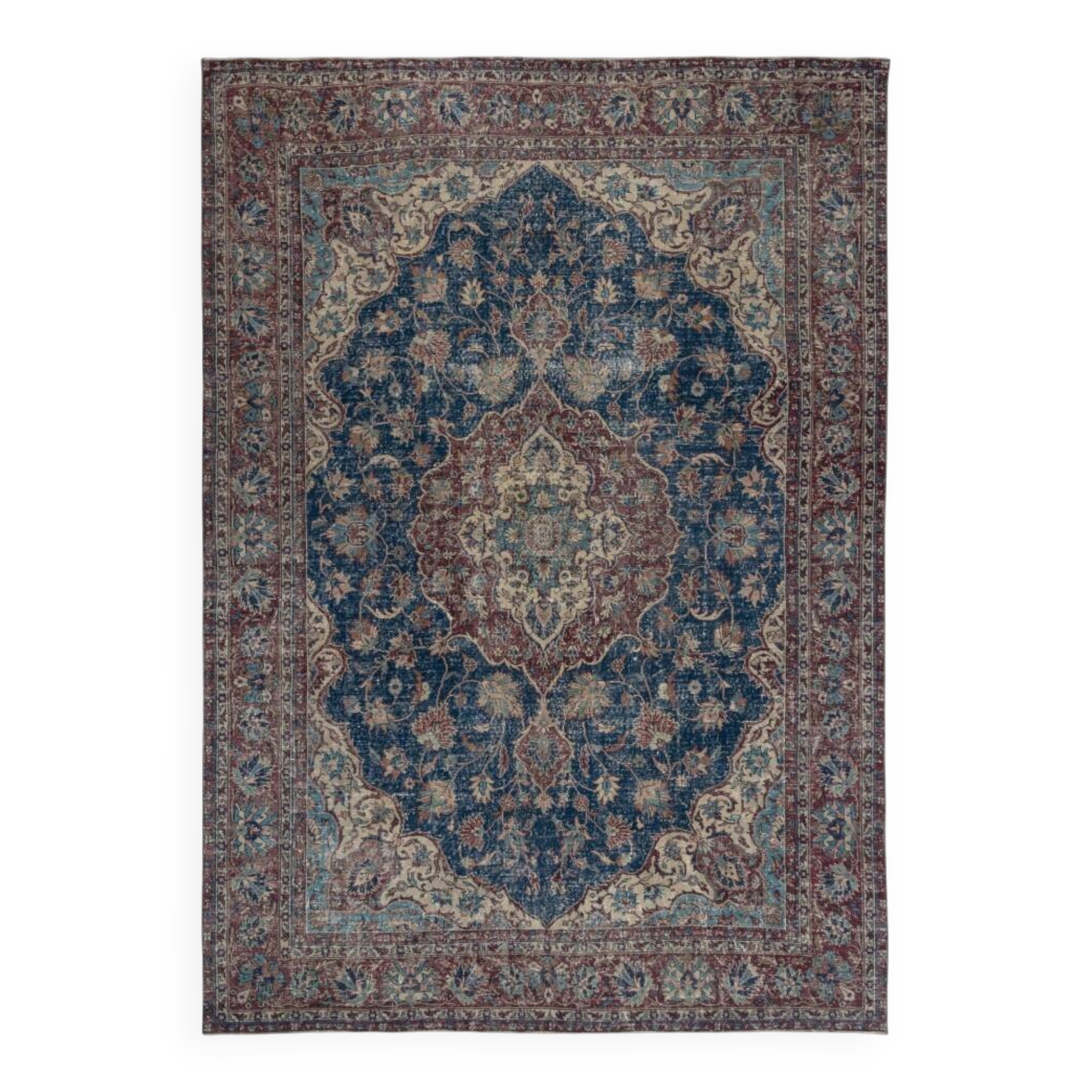 Traditional Vintage Handmade Turkish Area Rug. Hand-knotted Wool Carpet with Medallion Design