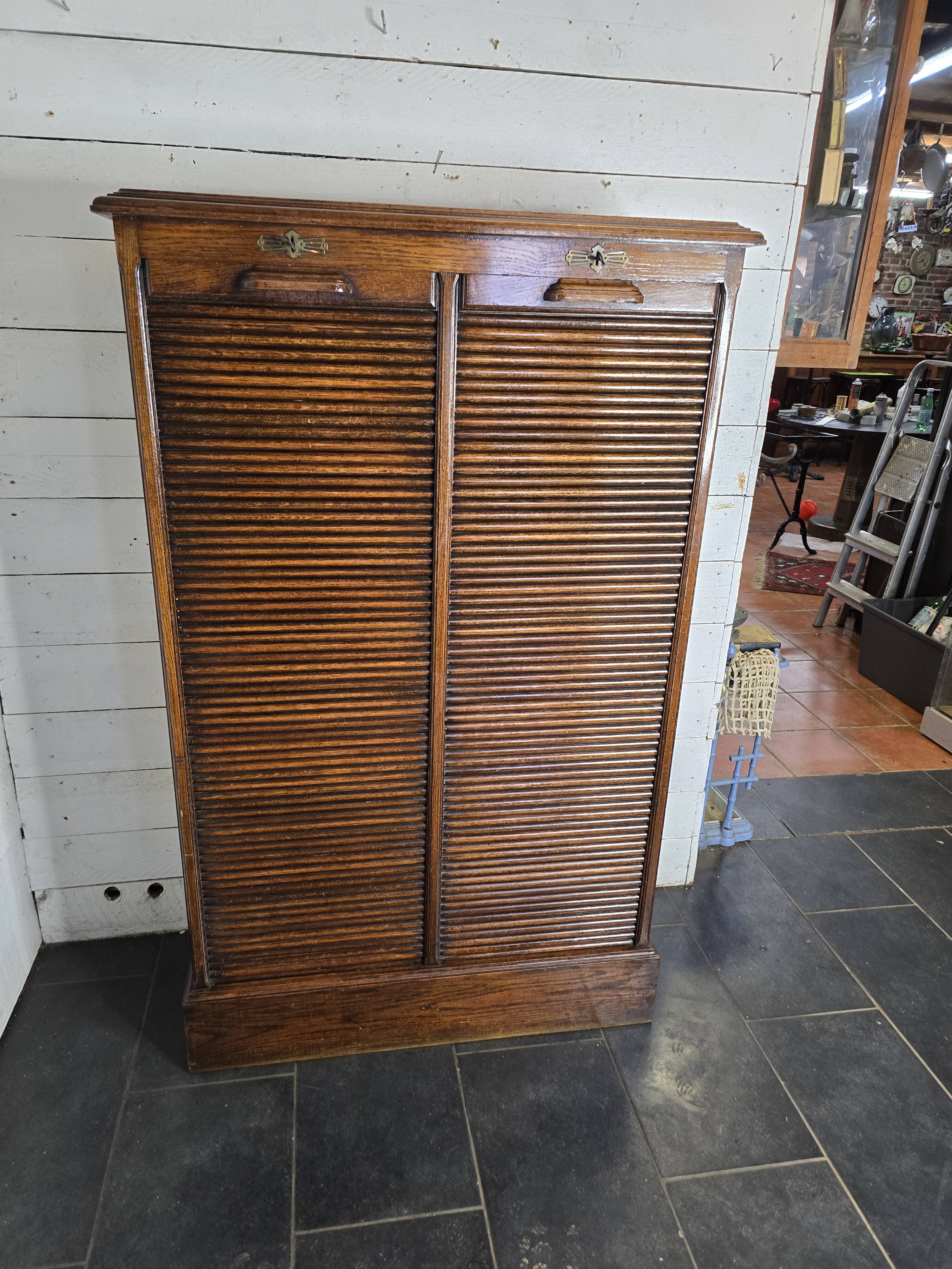 Solid oak double curtain filing cabinet