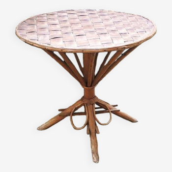 Ancienne Table en Bambou & Feuilles de Palmier Tressées