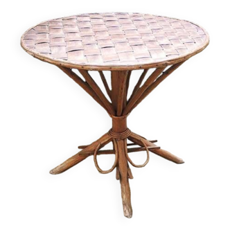 Ancienne Table en Bambou & Feuilles de Palmier Tressées