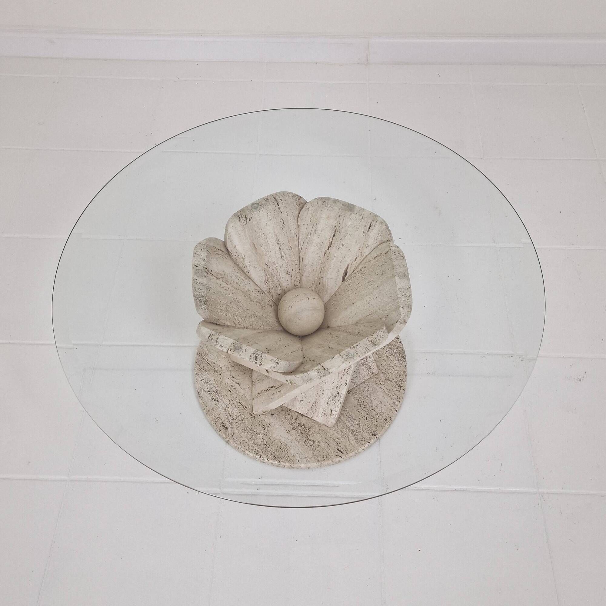 Italian "Flower" Coffee Table in Travertine With Facet-cut Round Plate, 1980s