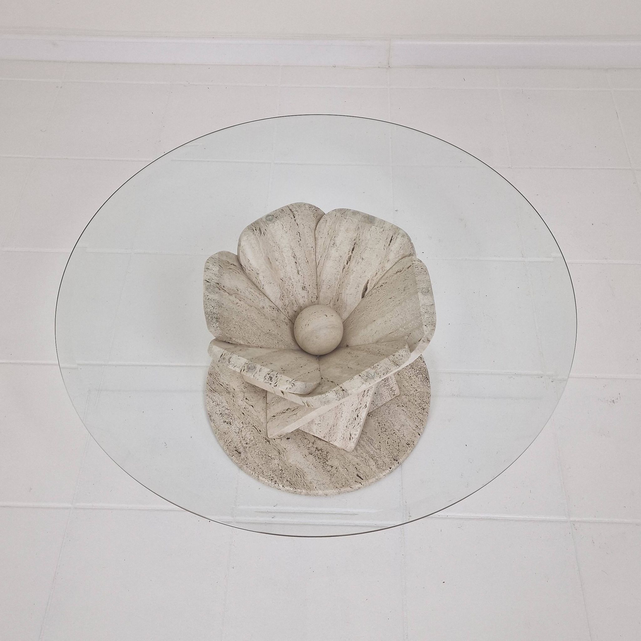Italian "Flower" Coffee Table in Travertine With Facet-cut Round Plate, 1980s