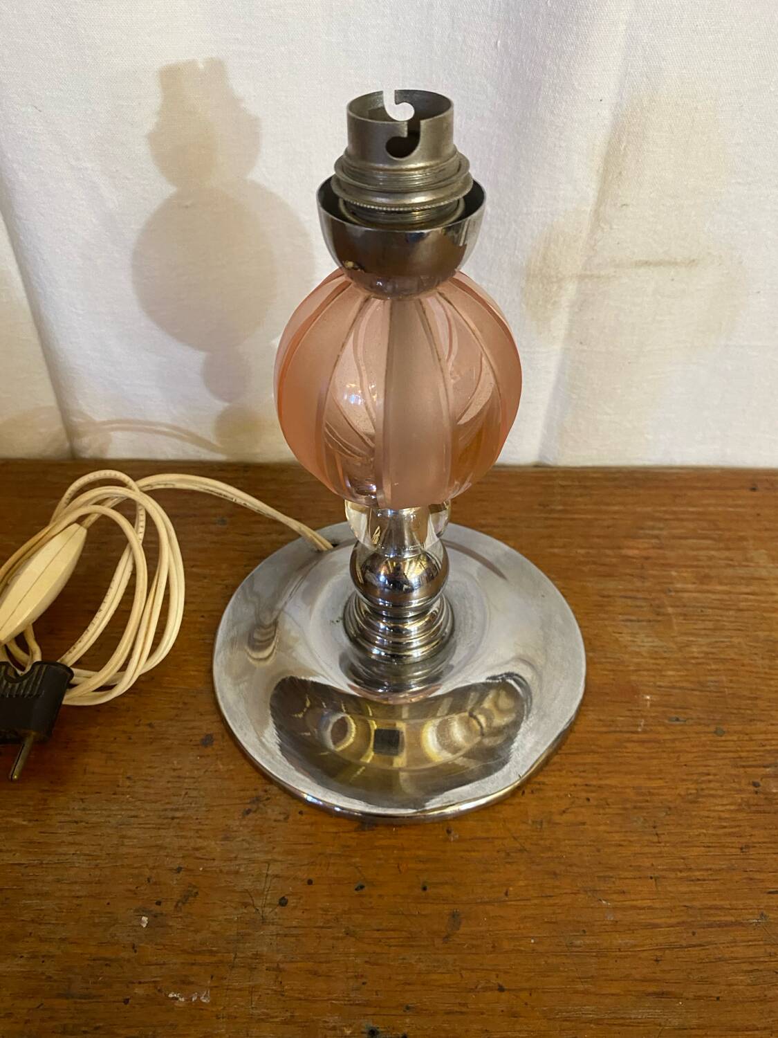 Antique Lamp Base Pink & Clear Glass Ball Chrome Base Vintage