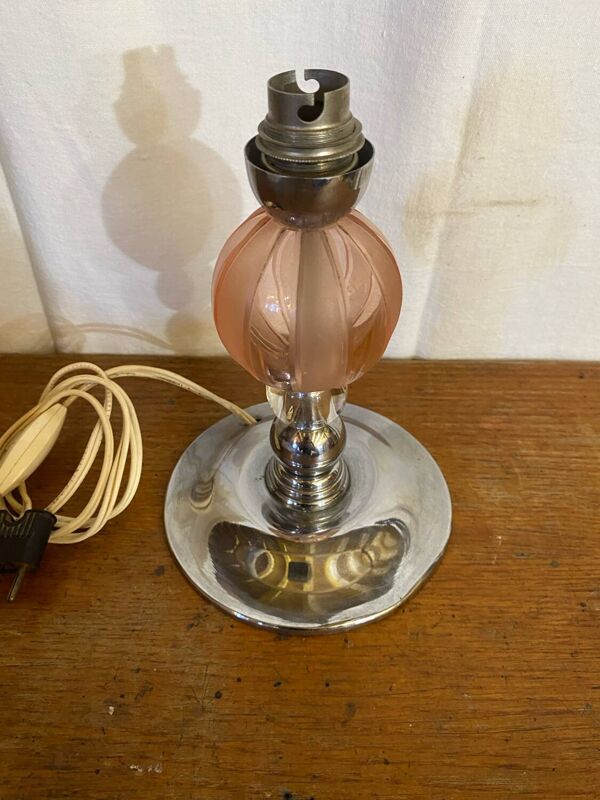 Pied de Lampe Ancien Boule Verre Rose & Transparent Pied Chromé Vintag