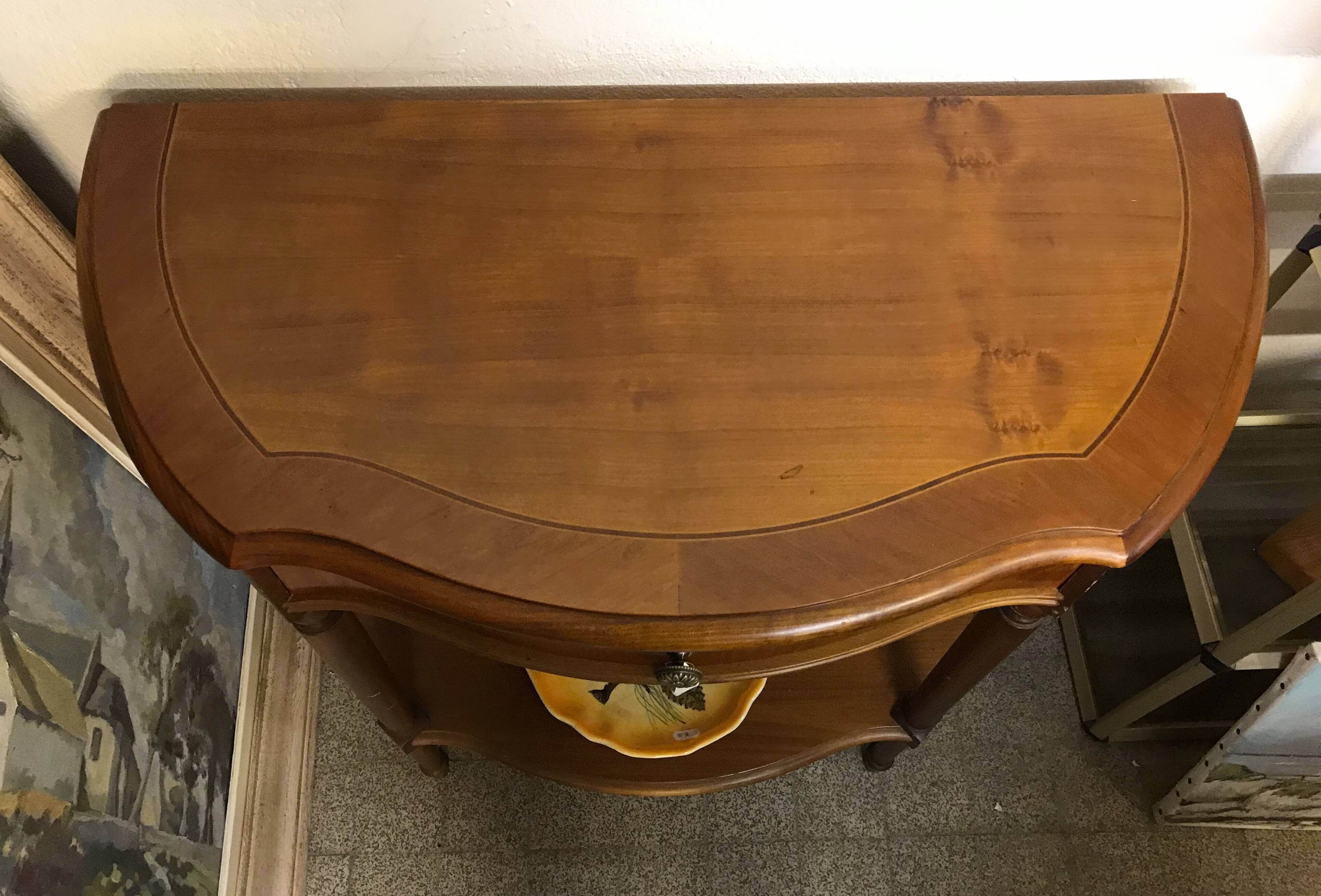Cherry half-moon console with drawer and bottom shelf