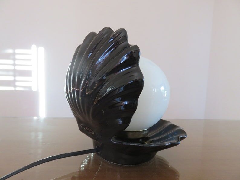 Black ceramic shell lamp and white opaline ball 1970