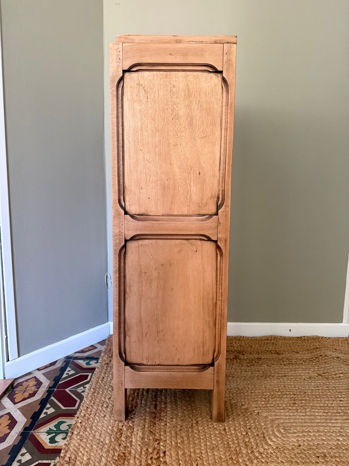 Small Art Deco jam cabinet in carved blonde oak