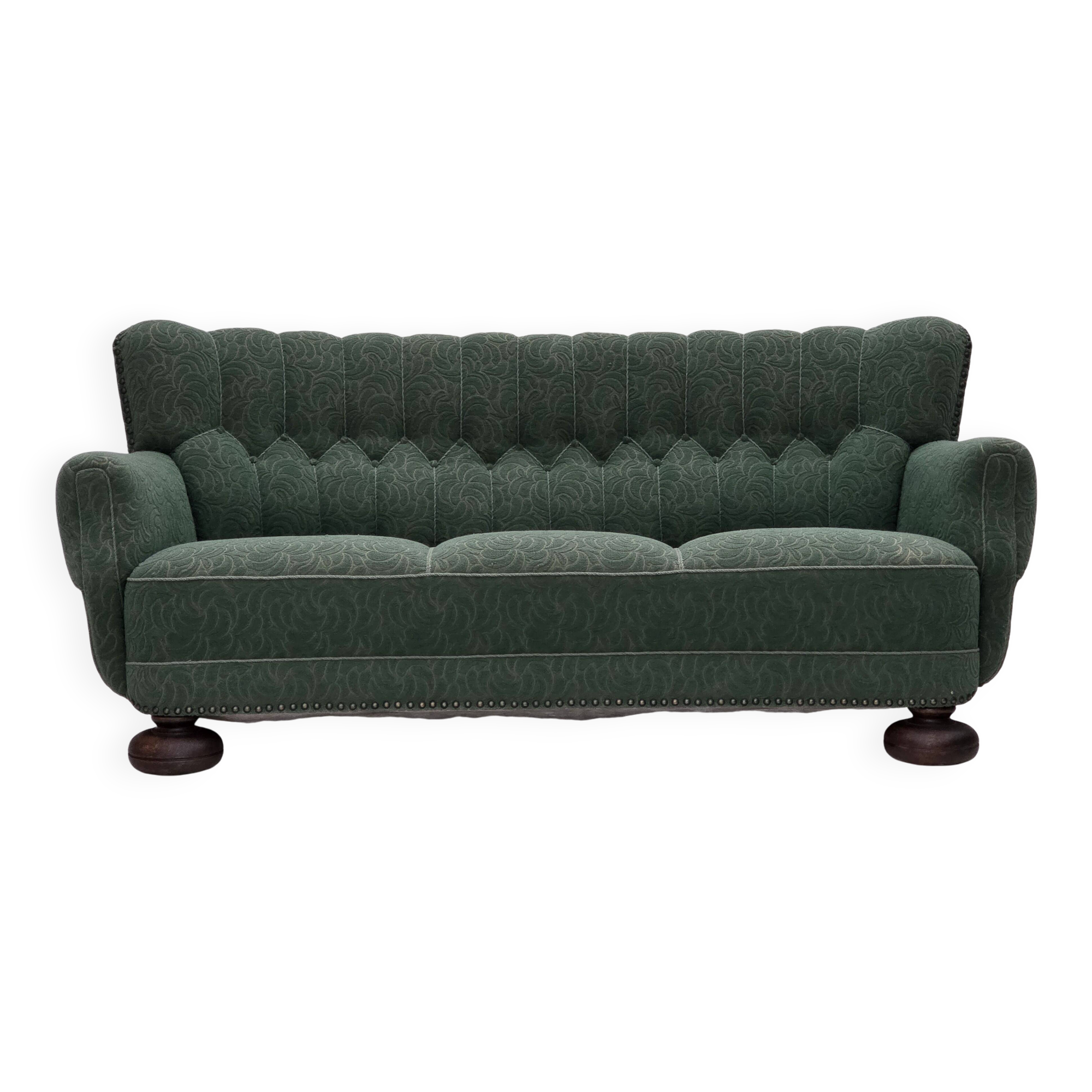 1960s, Danish 3-seater sofa, green furniture wool, oak wood.