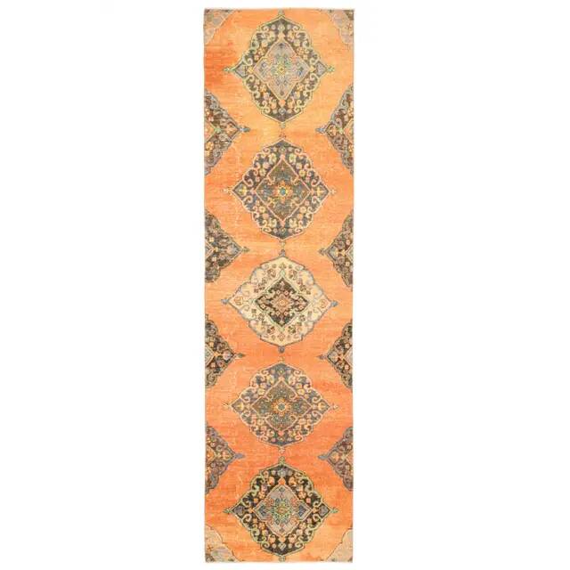 1970s Vintage Turkish Hand-Knotted Wool Cotton Orange Runner Rug 88x337