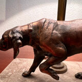 Vintage bronze hunting dog table lamp, marble base and brass tube