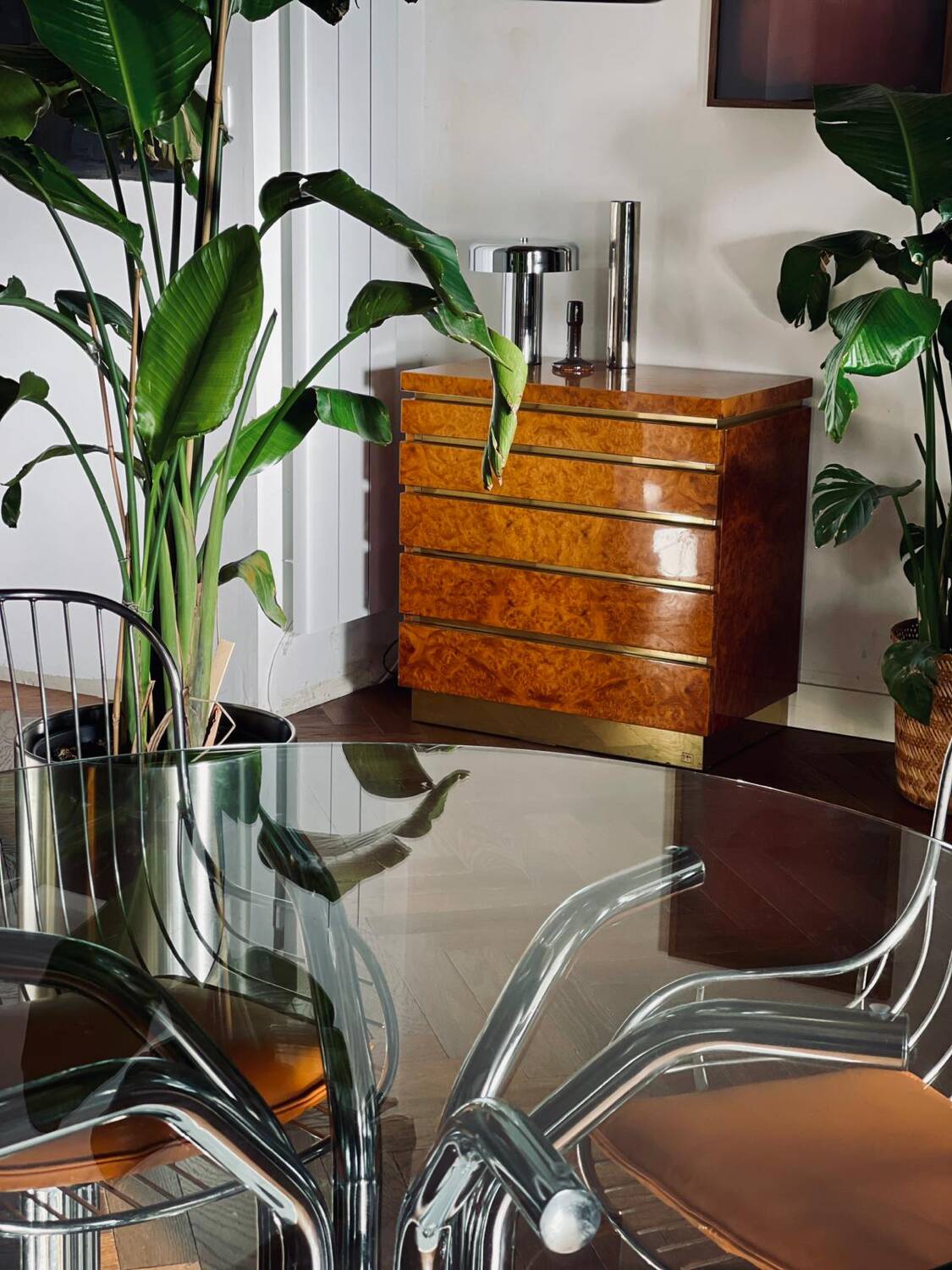 Dining table glass chrome and marble 1970s Italian vintage design