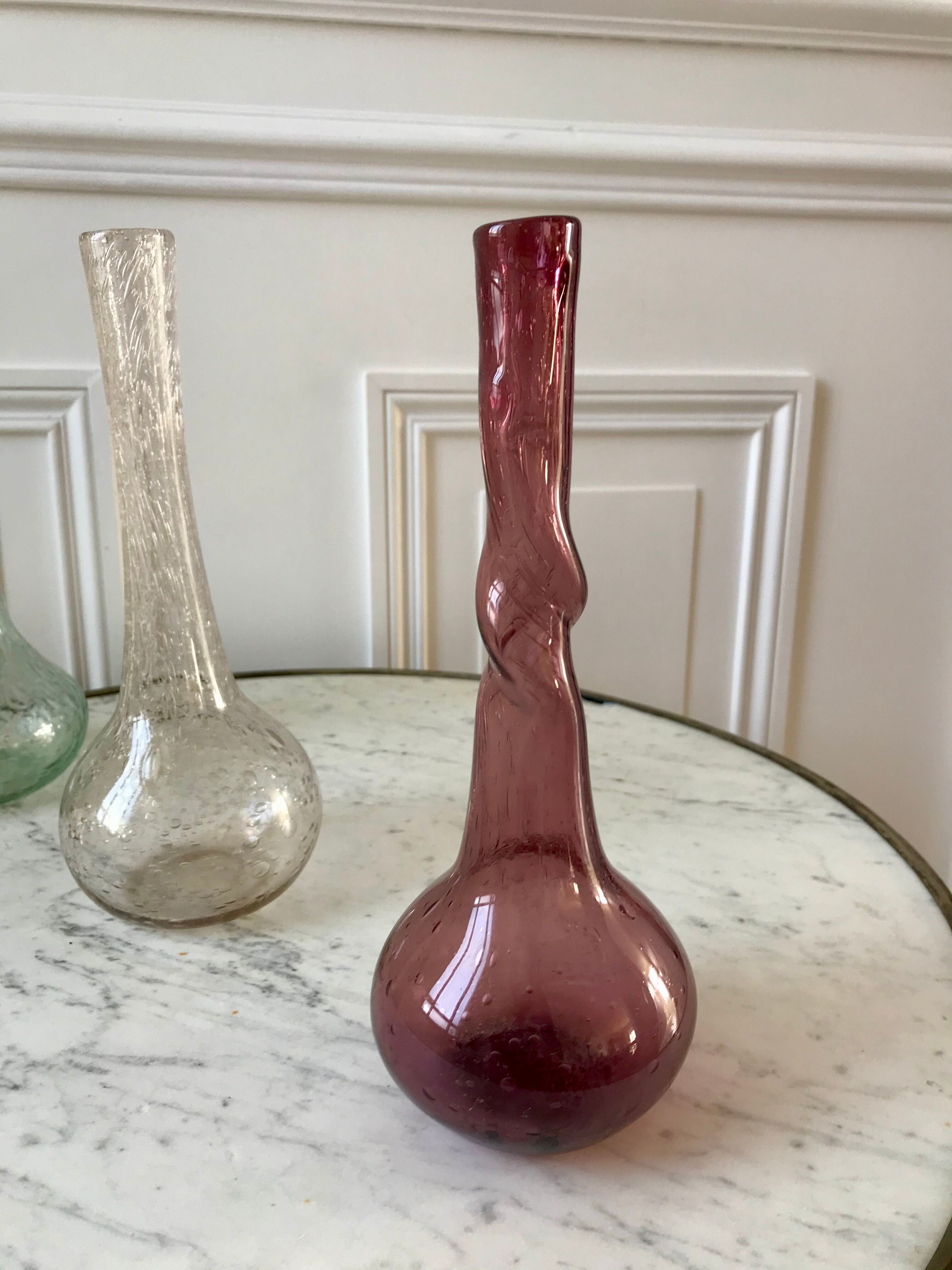 trio of Biot bubbled glass vases signed green 60s-70s