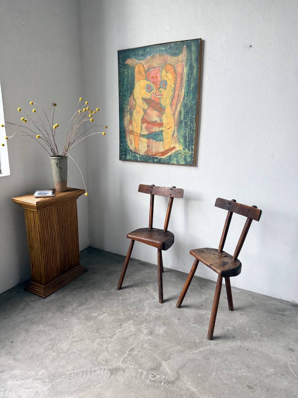Pair of Savoyard tripod chairs, folk art, oak.