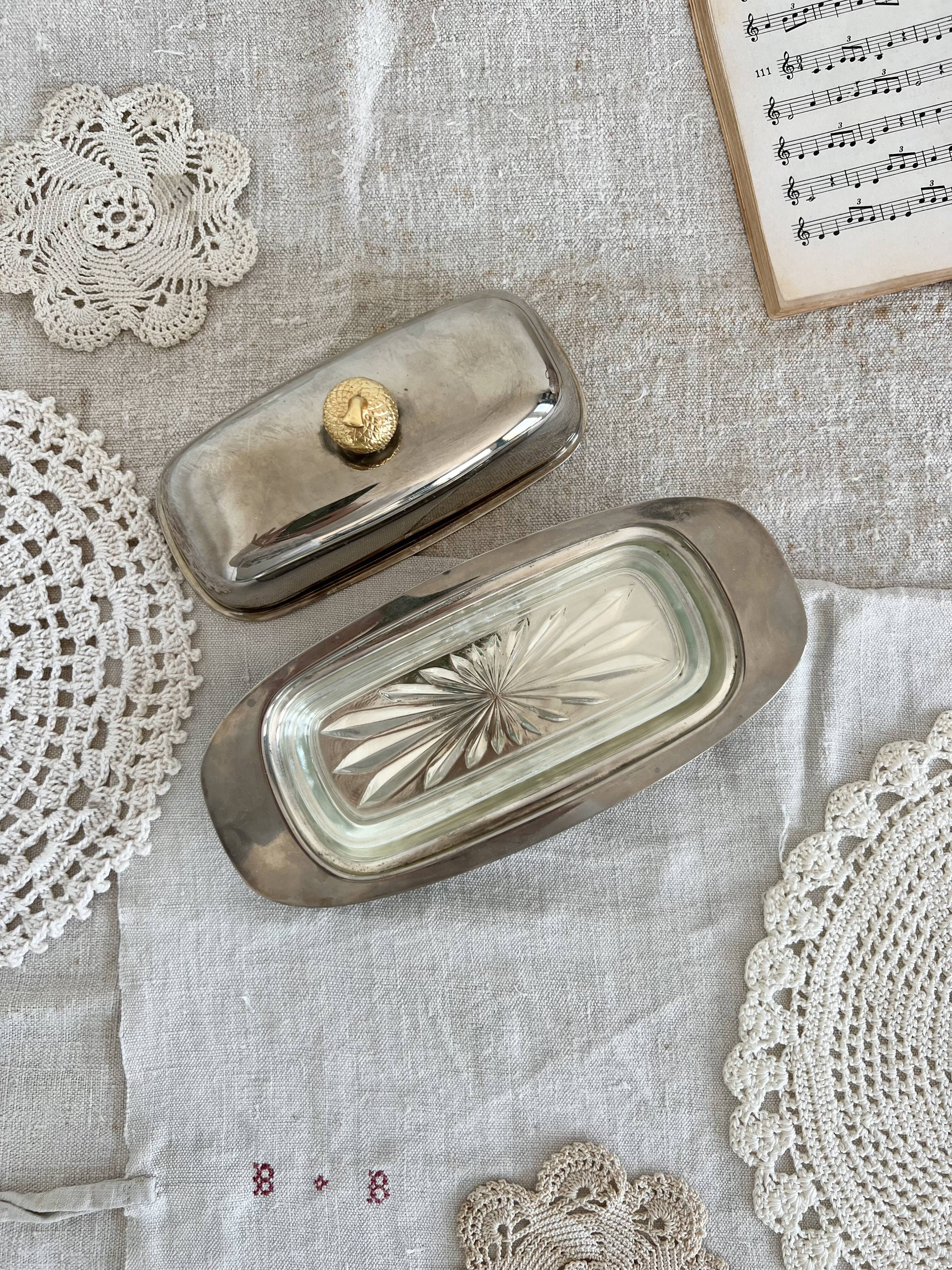 Vintage stainless steel butter dish, acorn and molded glass cup