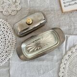 Vintage stainless steel butter dish, acorn and molded glass cup
