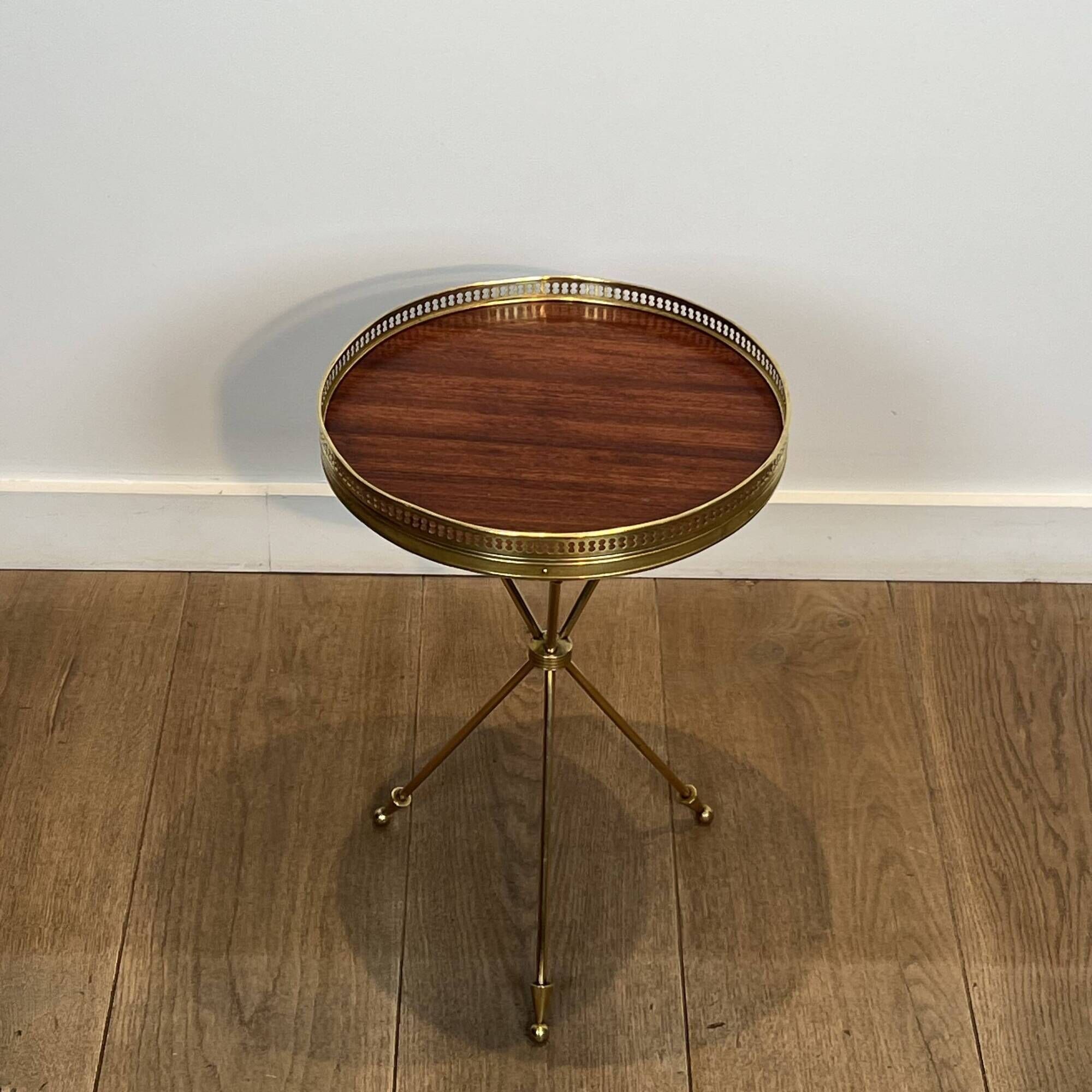 Tripod Side Table in Brass with Mahogany Top and Openwork Gallery. St. Trava