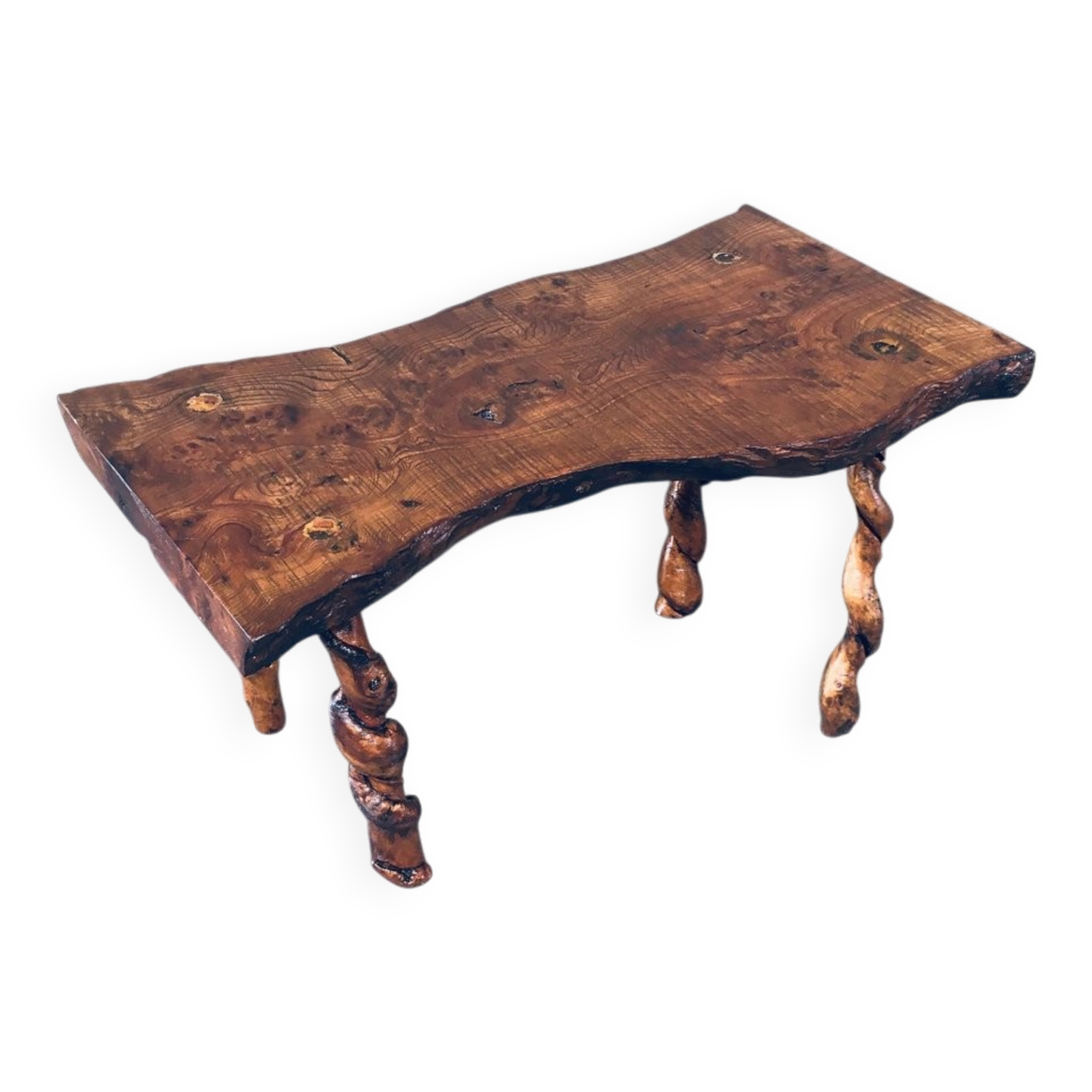 Brutalist Style Handcrafted Oak and Grape Wood Side Table, 1950s