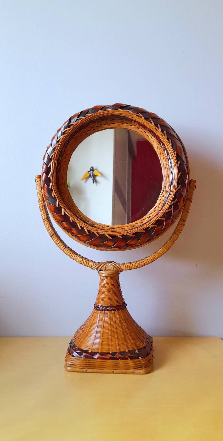 Woven wicker standing mirror