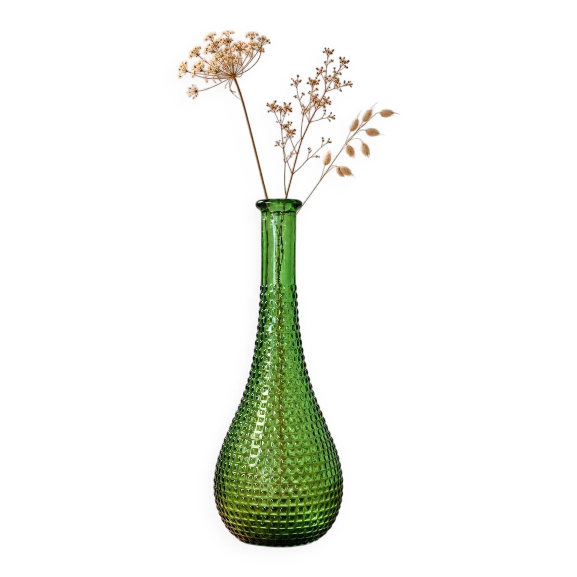 Vintage green glass bottle vase with geometric relief – H 33 cm