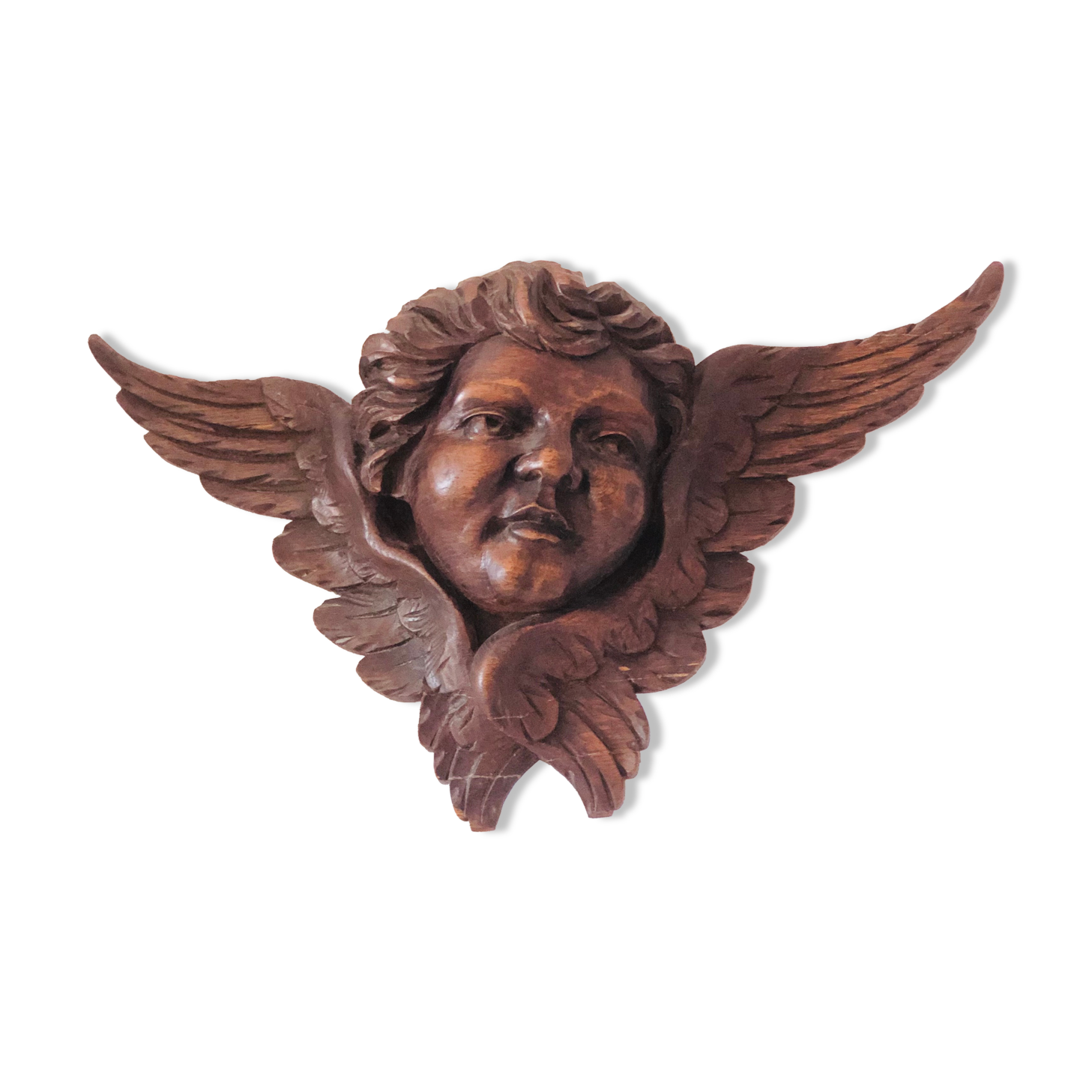 Decoration pediment in solid wood head of ancient angel