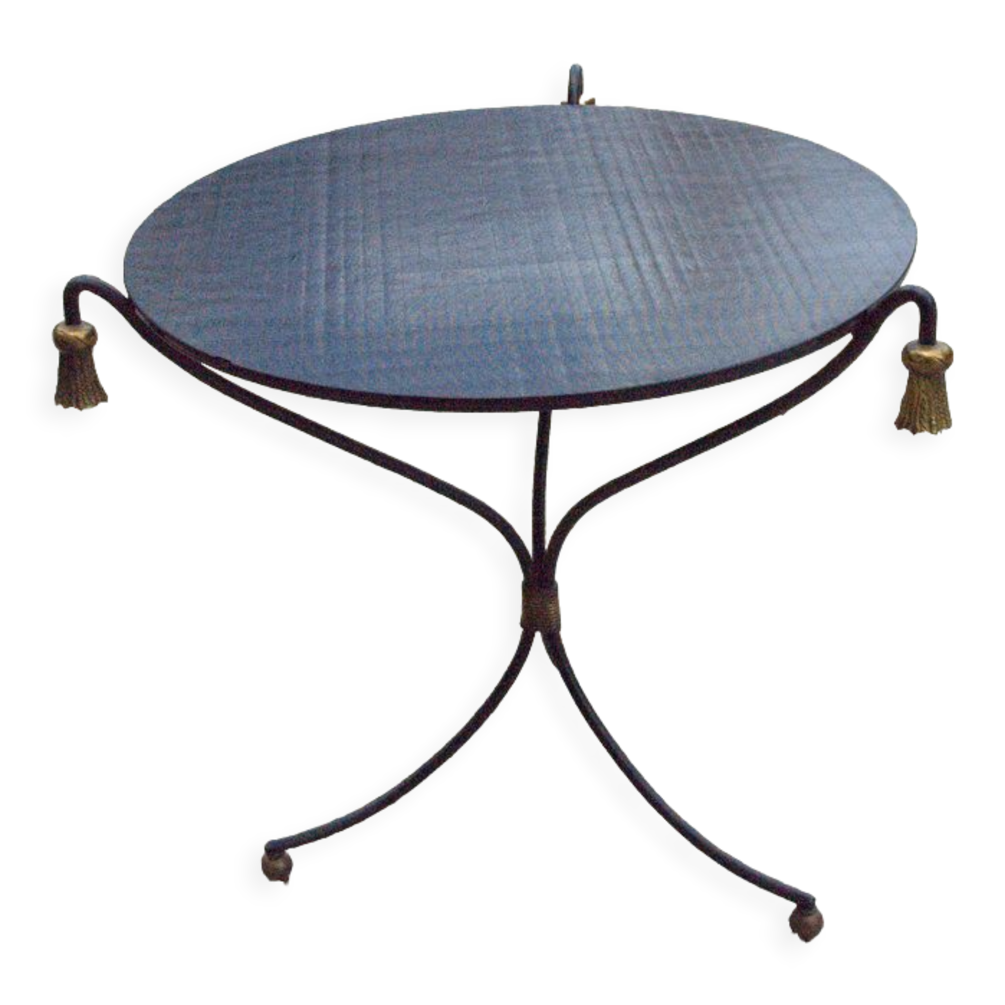 Table basse plateau verre noir et pompons bronze doré