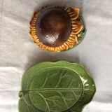 Butter dish in slip leaf and sunflower flower