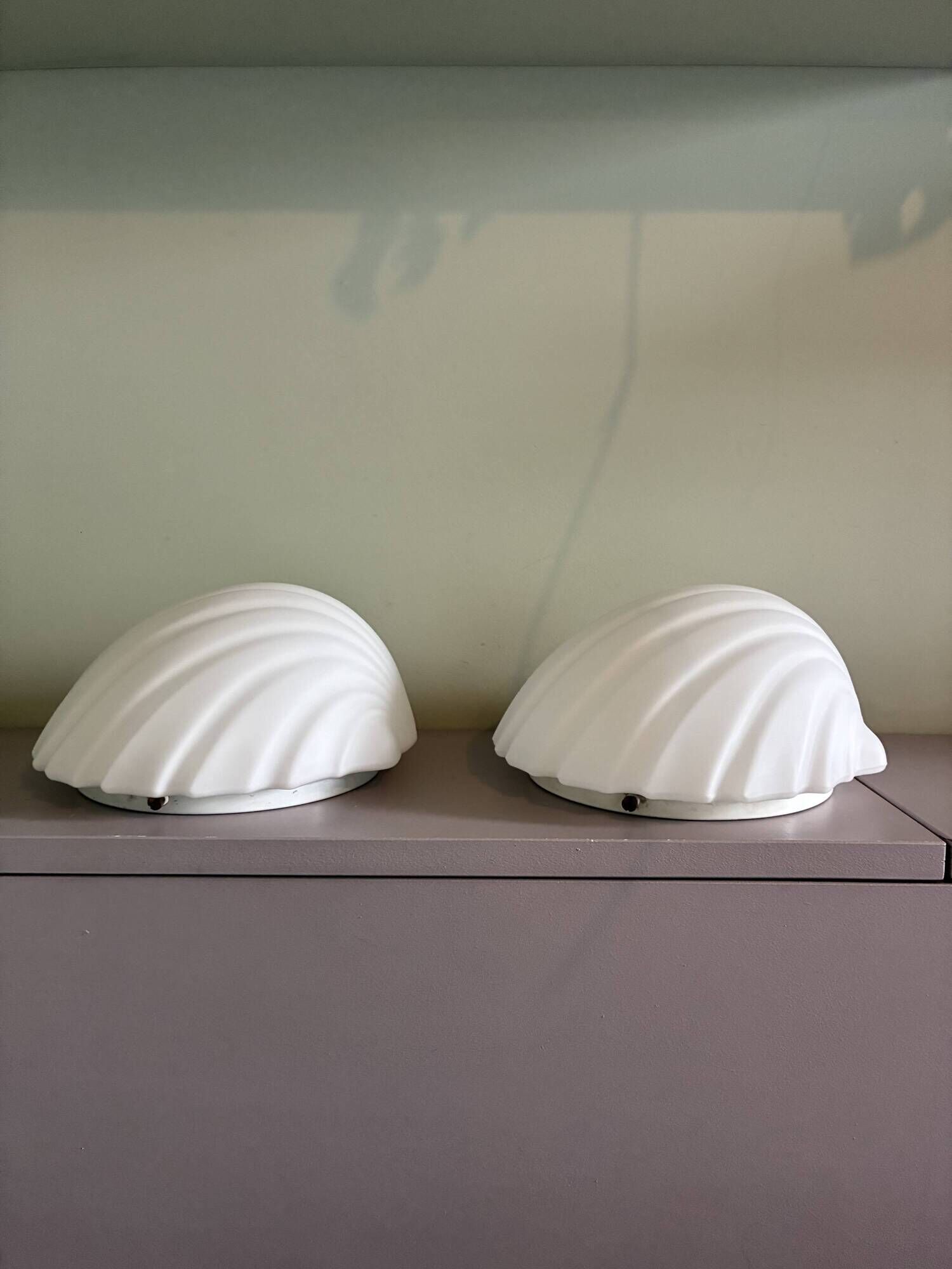 Two wall sconces in opal glass in the shape of seashells, Germany 1970