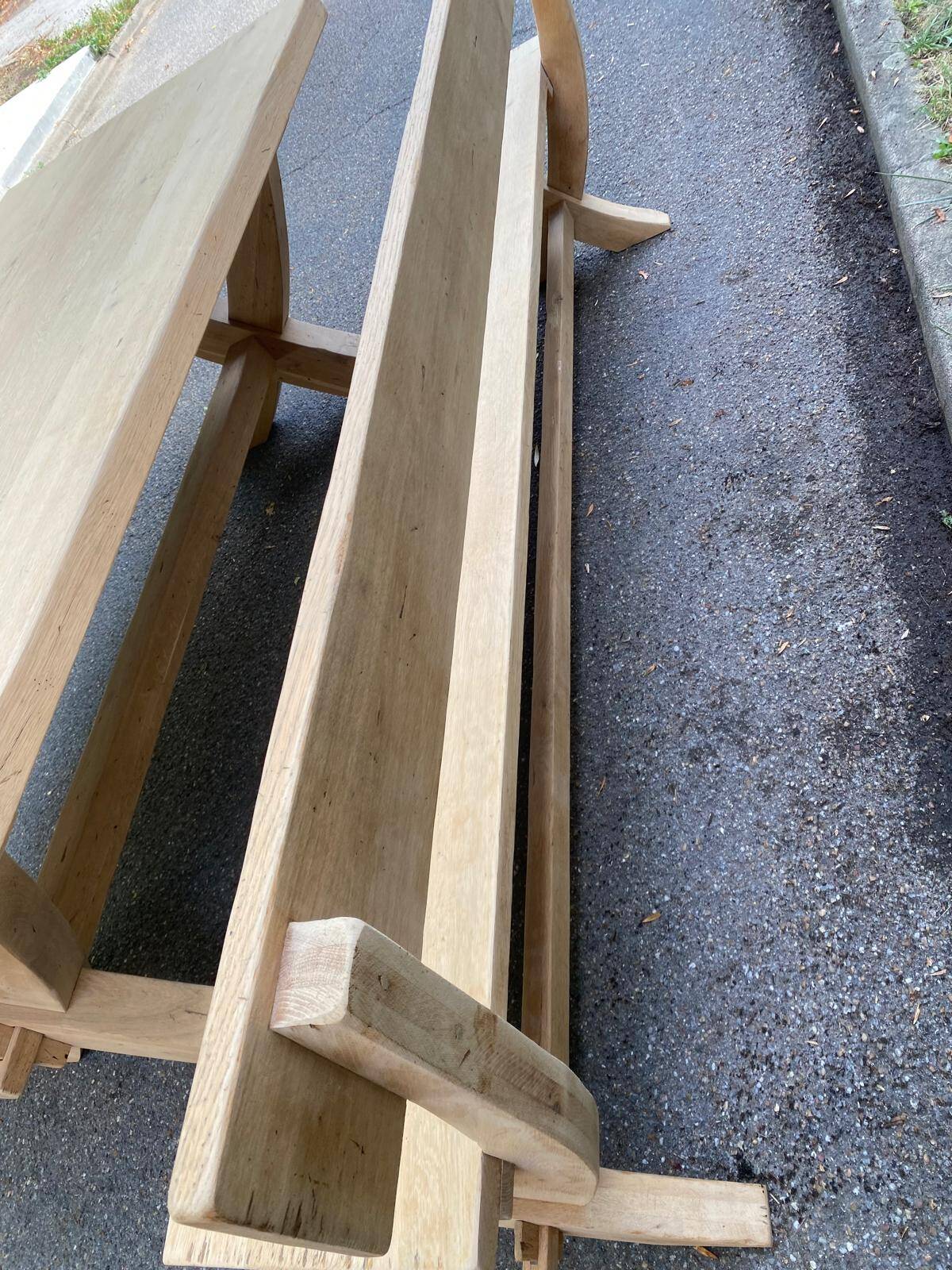 Monastery bench with a 220 cm backrest, renovated in raw solid oak with X legs.