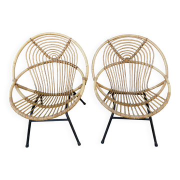 fauteuils coquille en rotin et métal Rohe Noordwole 1950 vintage