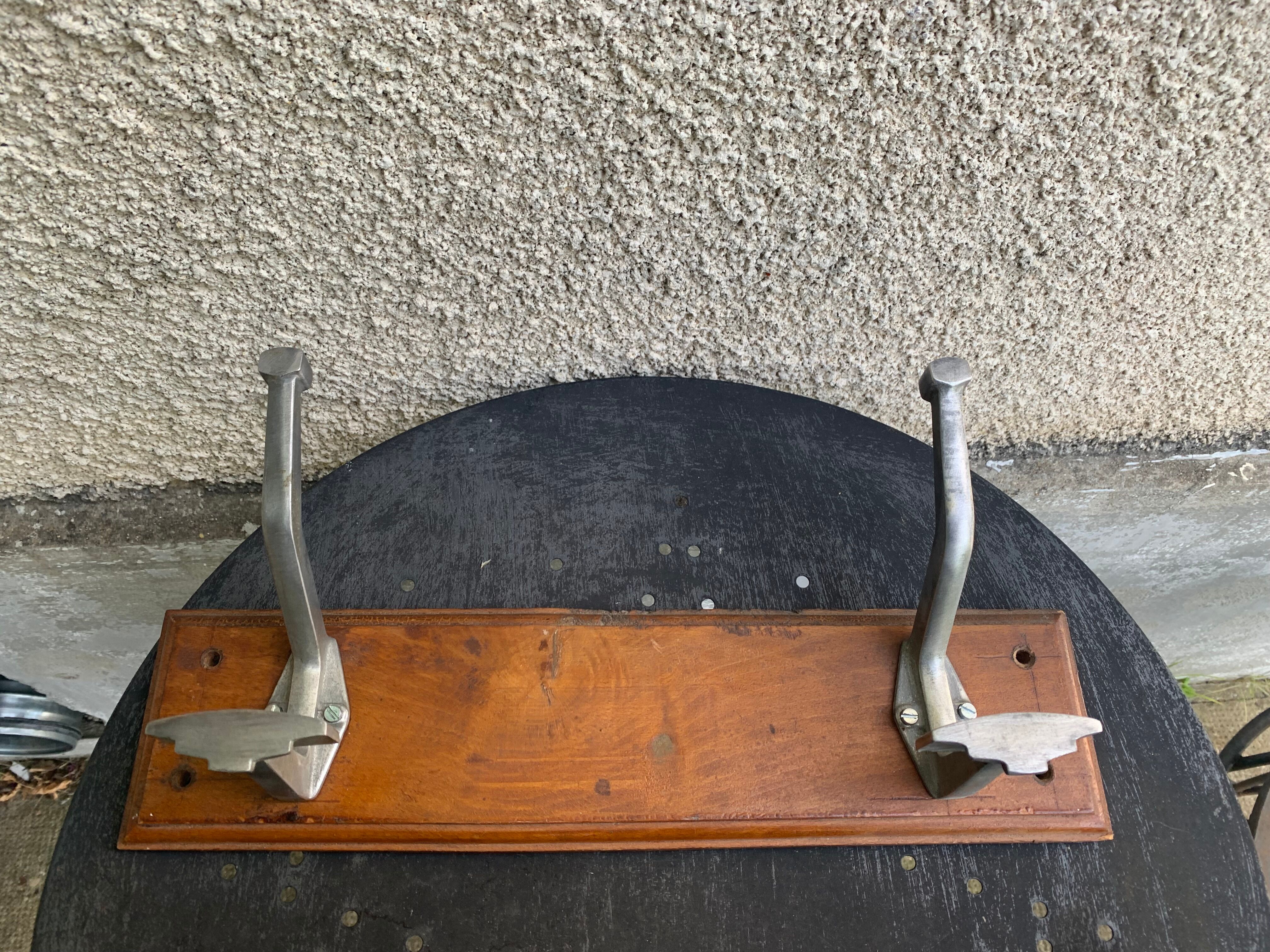 Wall coat rack two old metal hooks on vintage varnished wood