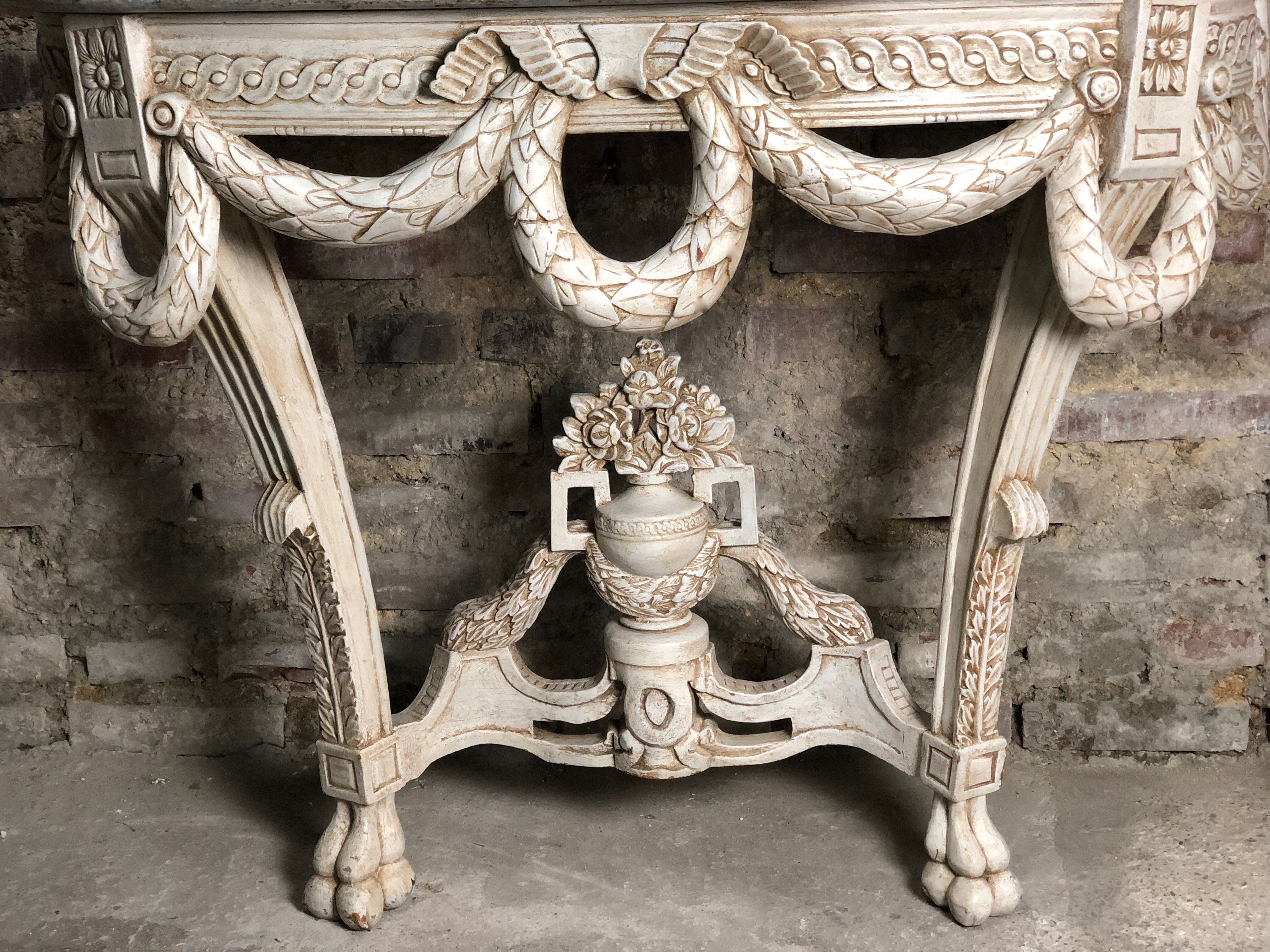 Louis XVI style console in carved wood beige patinated above gray marble