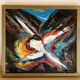 Petite peinture abstraite vintage de paysage, signée Axel, années 1970.