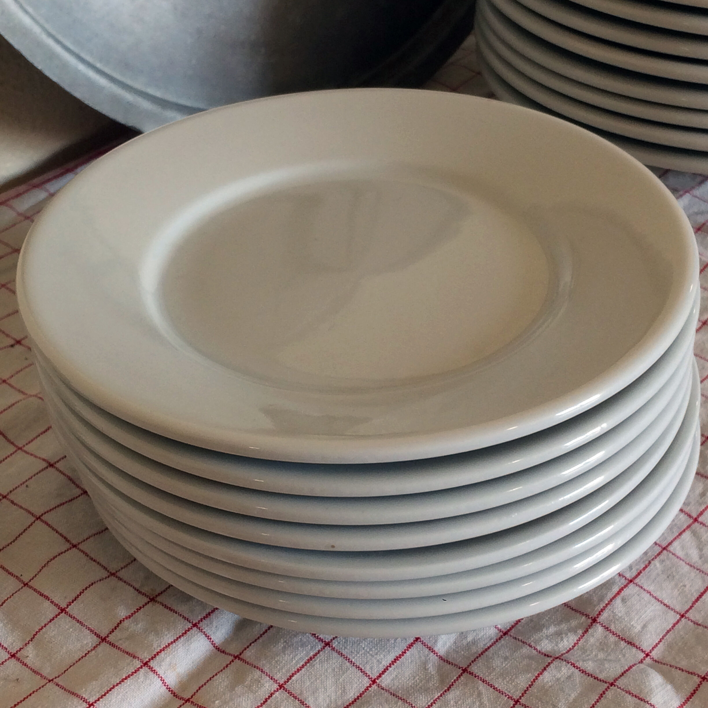 24 white ceramic brewery plates