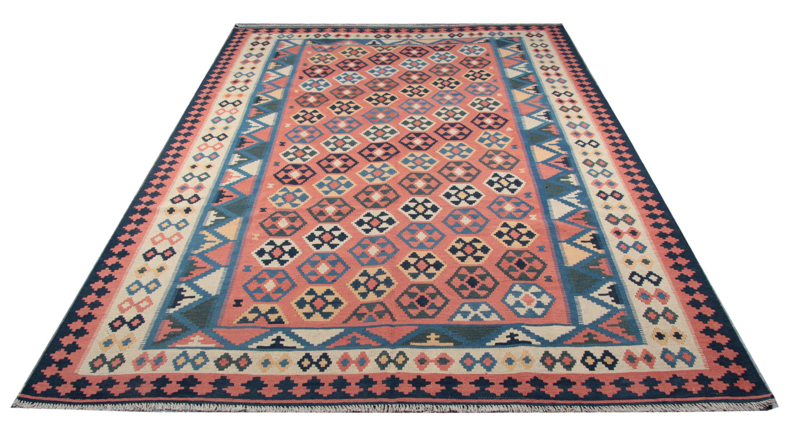 Vintage Kilim Runner Rug in Red, Blue & Terracotta Flatweave 323x218cm