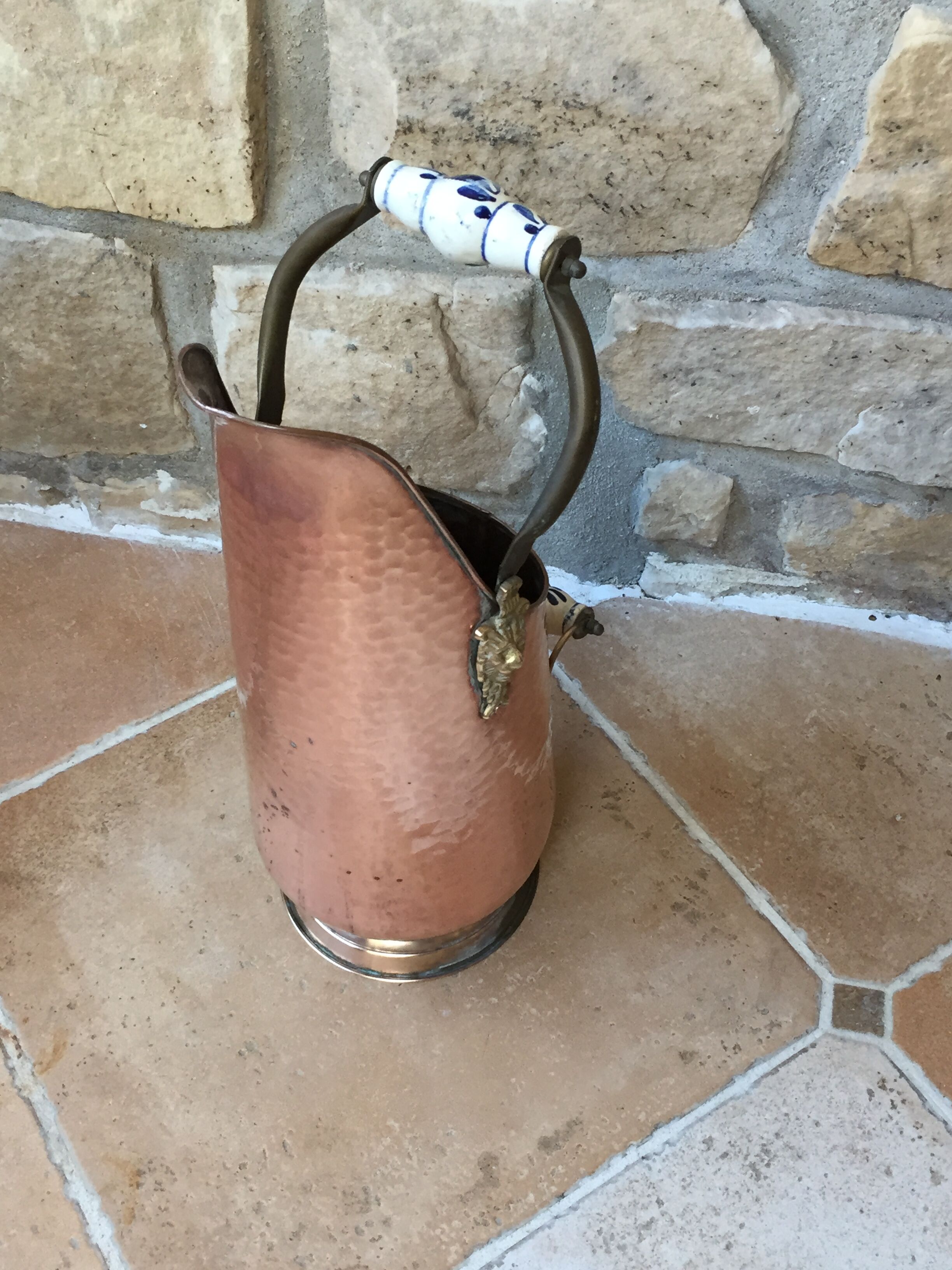 Pink hammered copper coal bucket and porcelain handles