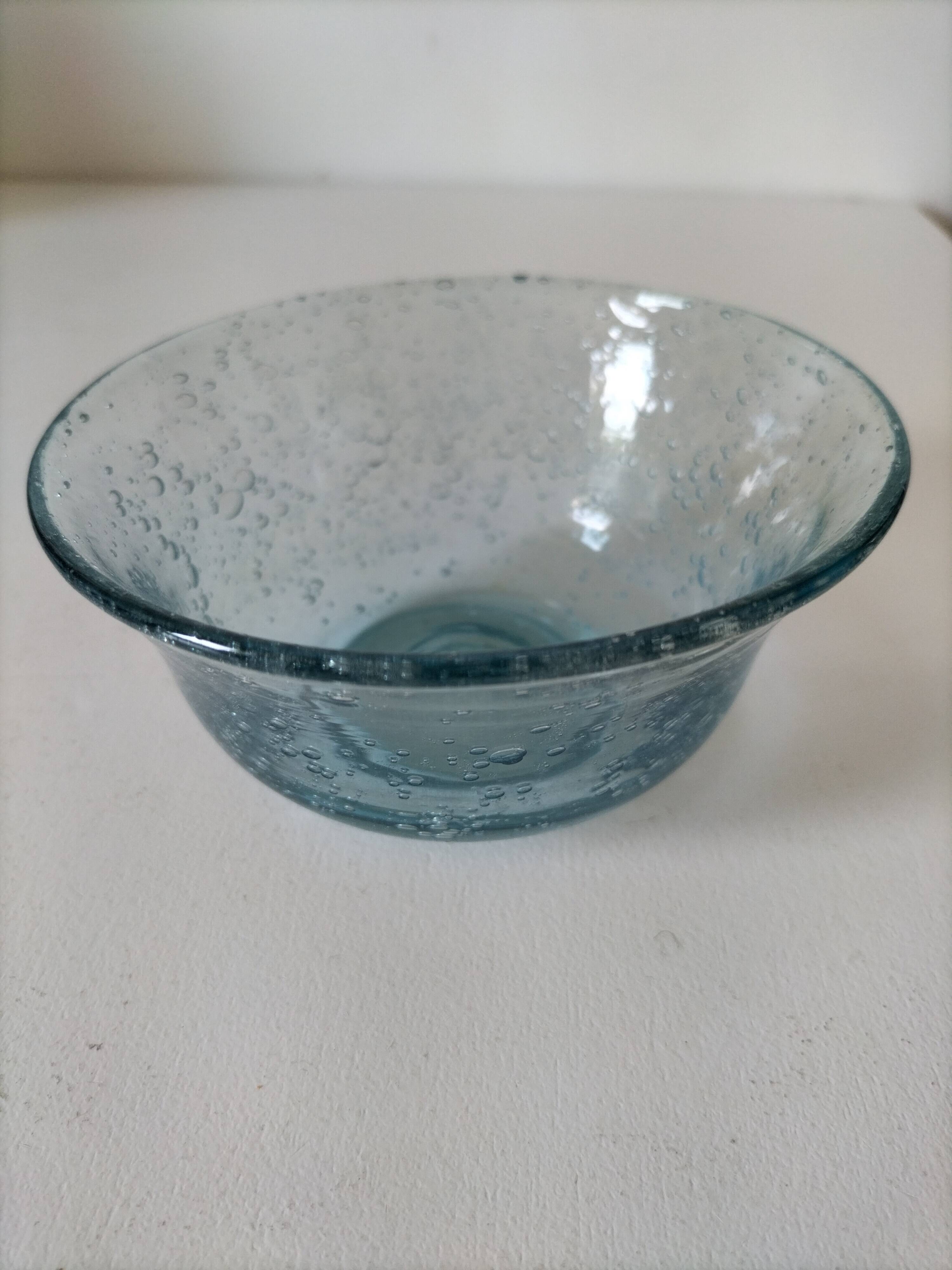 Bubble glass bowl signed Verrerie de Biot – Light blue