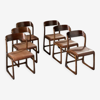 Lot de 6 chaises traineau en hêtre teinté, baumann