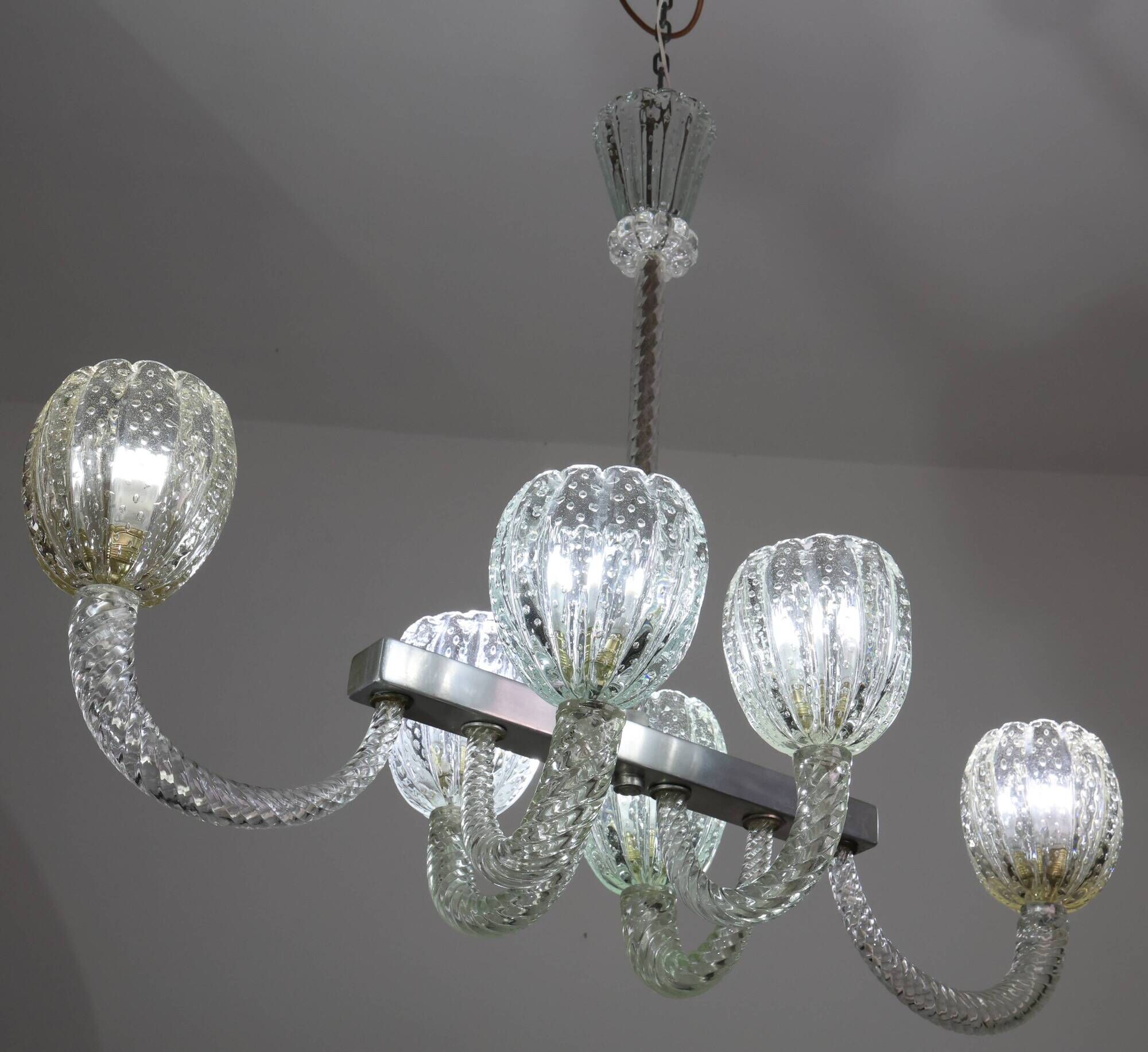 Amazing 6 Light BarovierArt Deco Chandelier, "Bullicante" Glass Murano, 194