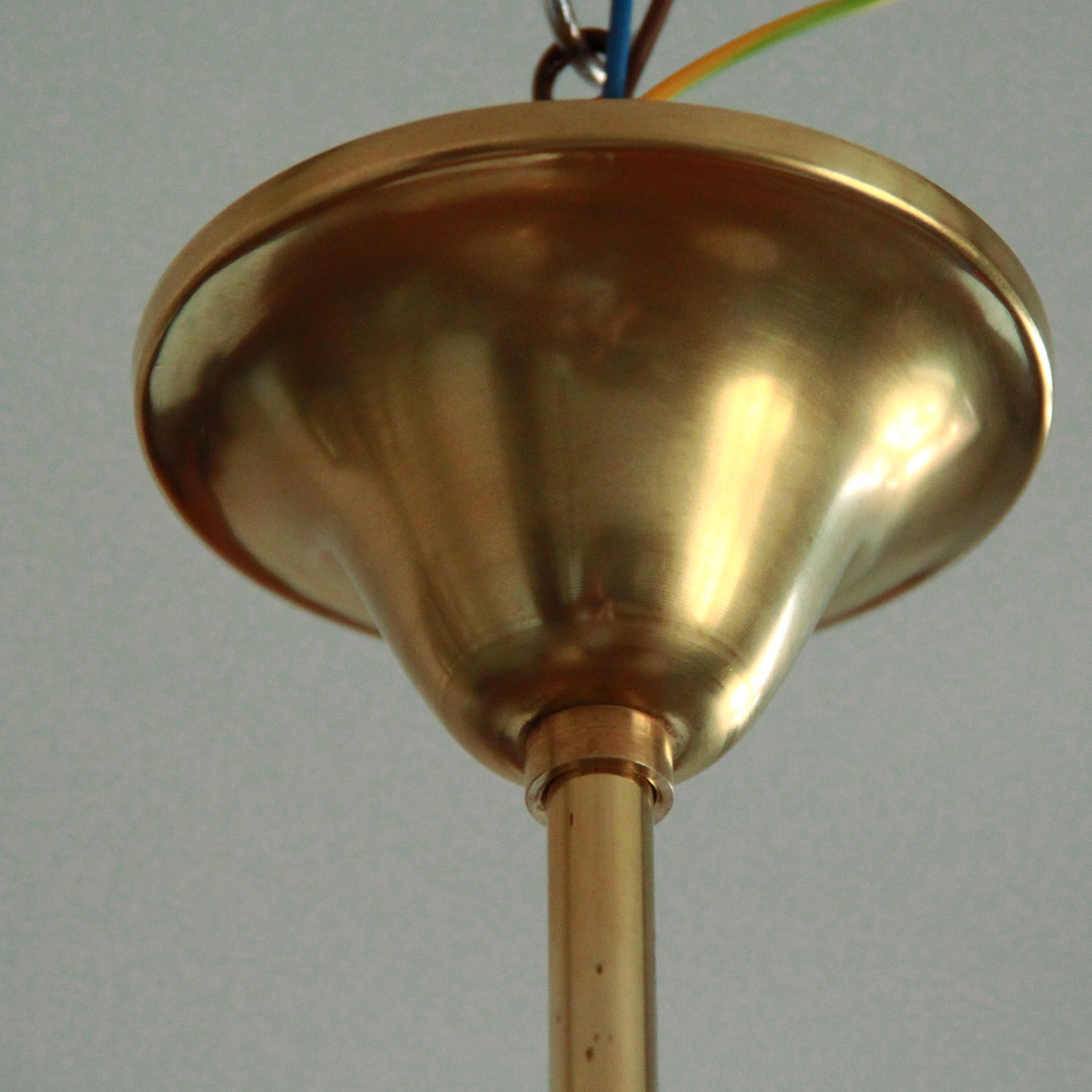 Vintage brass chandelier tulip white strié glass 1950 3 old light lights restored