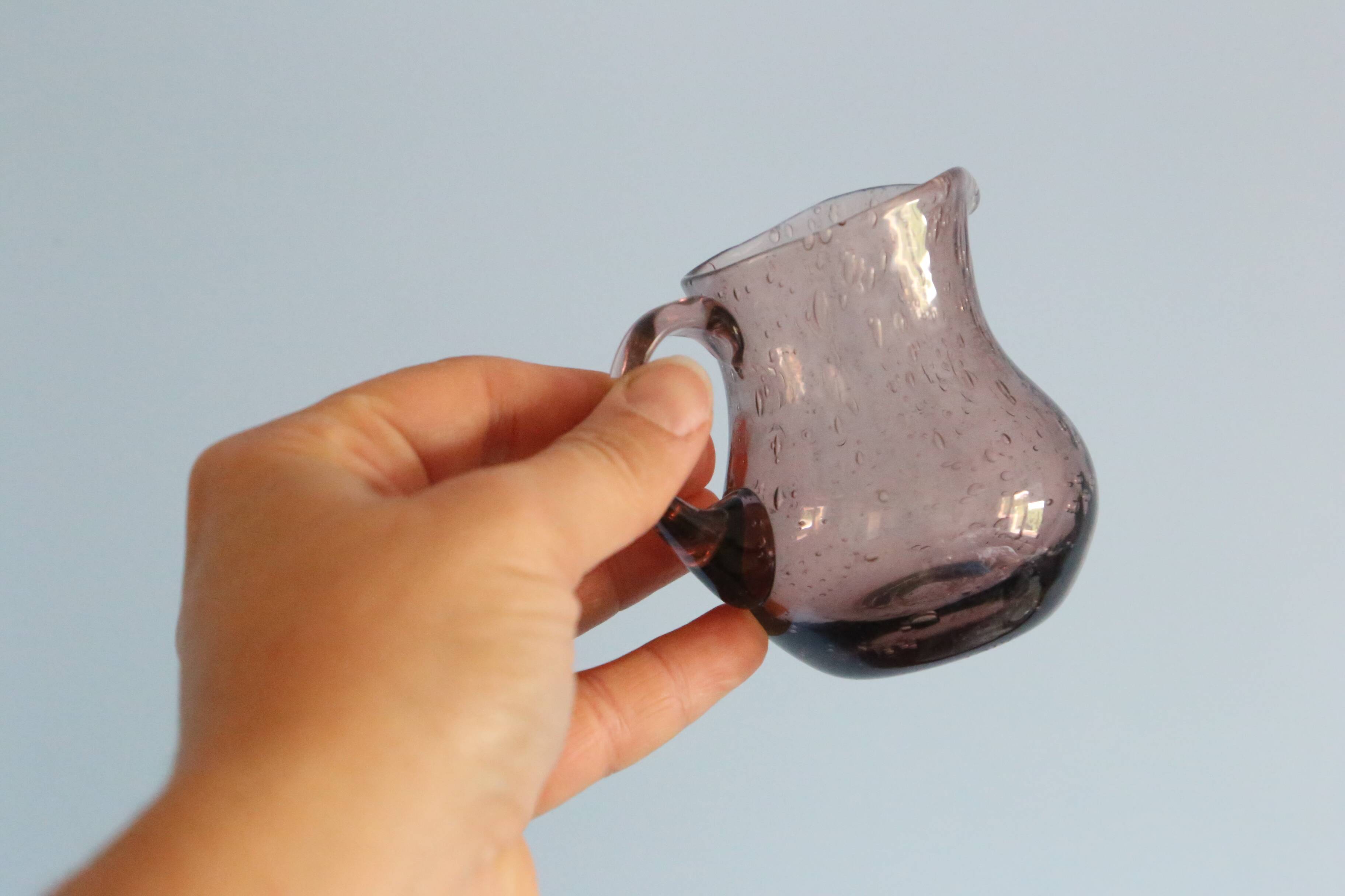Milk jug, creamer, Biot in bubbled glass, handcrafted, purple, vintage
