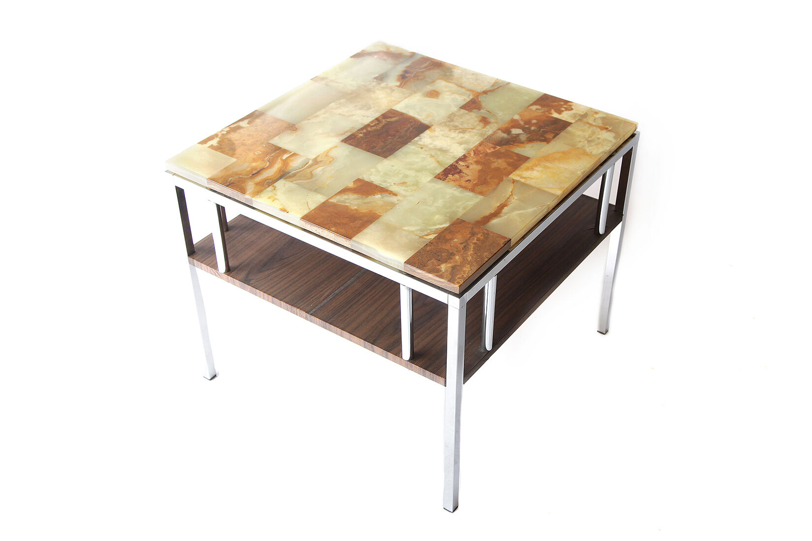 Vintage mid century chrome marble and onyx double top magazine rack table