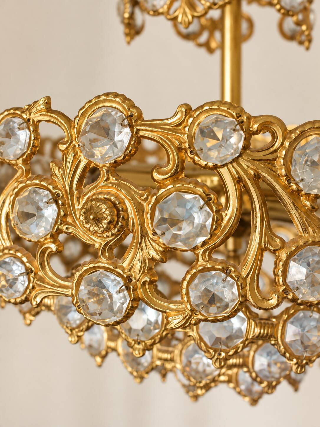 Brass and crystal chandelier plated with 24K gold PALWA, Germany, 1960s-70s.