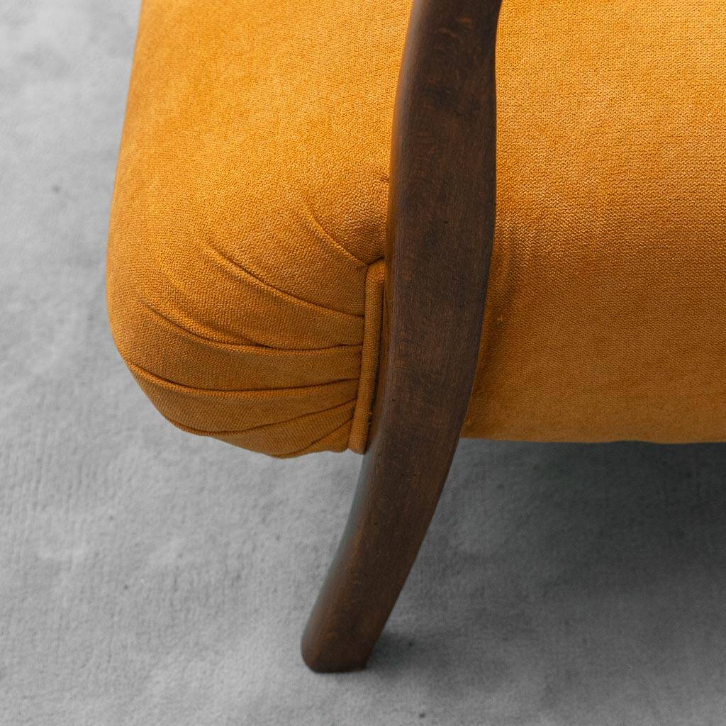 Scandinavian vintage armchair in orange fabric and wood, 1960s modernism