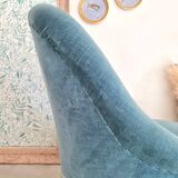 Fauteuil crapaud velours bleu avec franges