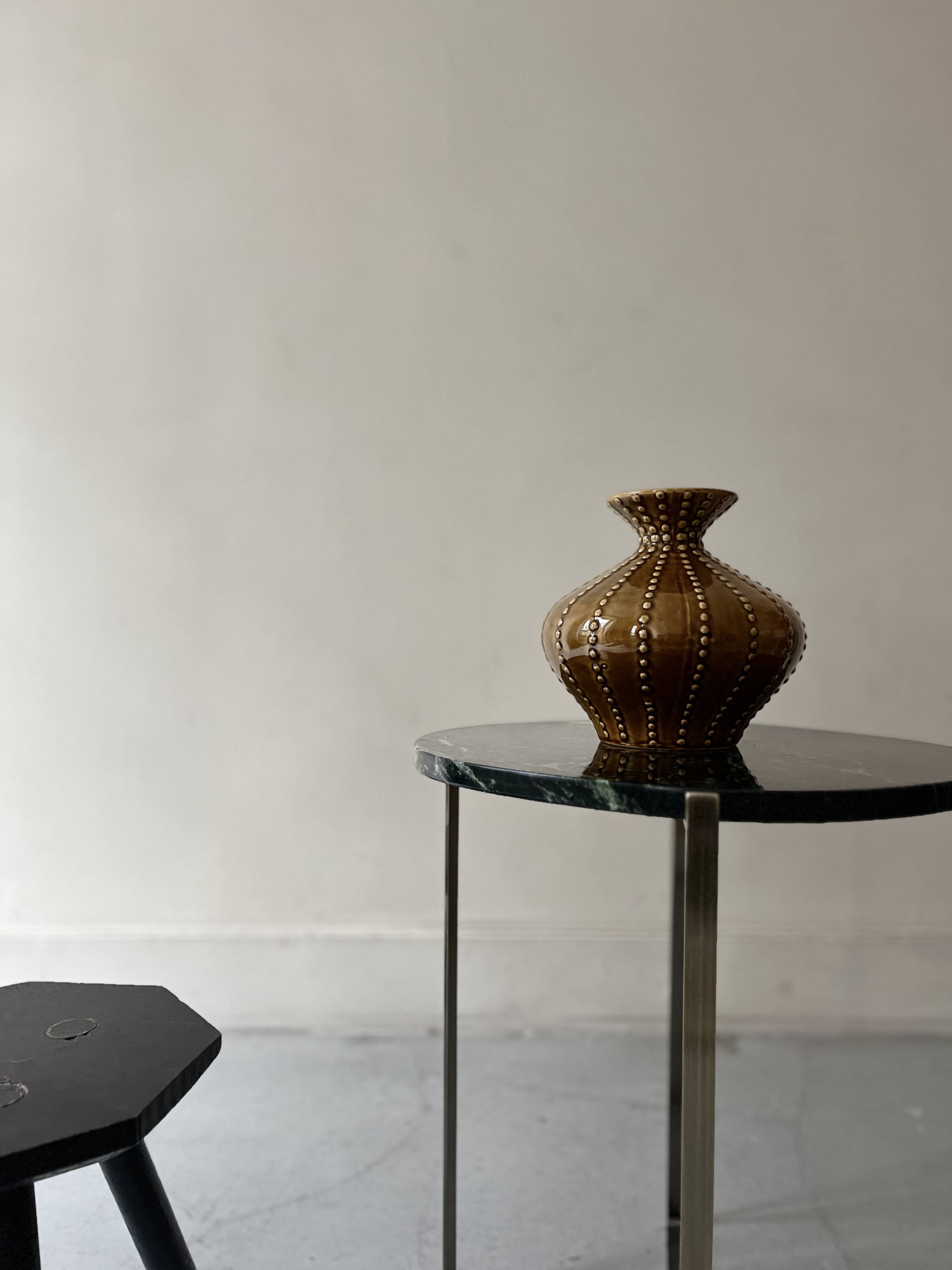pear-shaped vase in ocher enameled ceramic and pearls