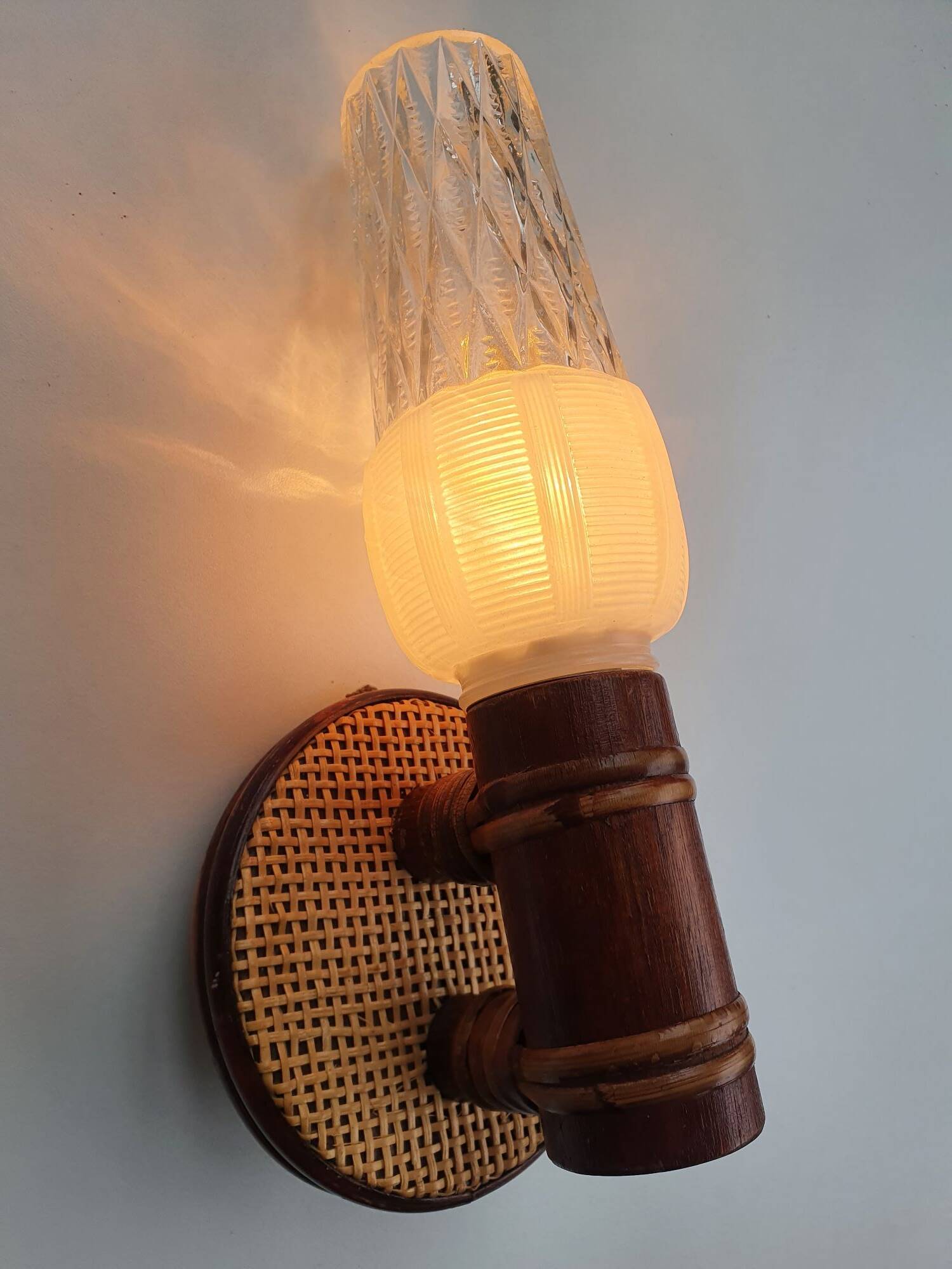 Pair of vintage rattan bamboo wall sconces