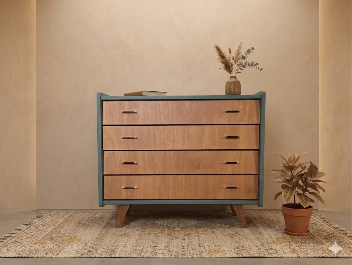 Commode vintage années 60 – restaurée – vert cactus & bois naturel