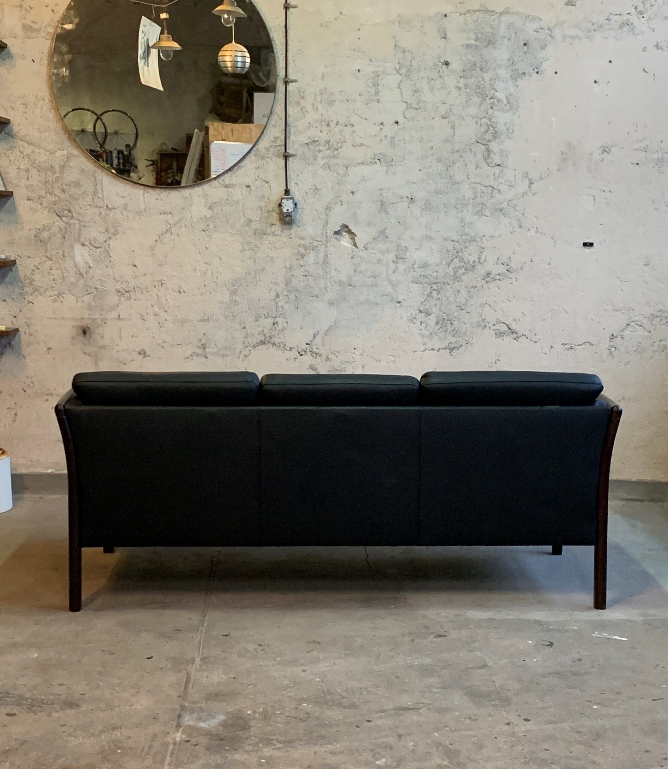Black 3 seat leather sofa, Denmark 80/90