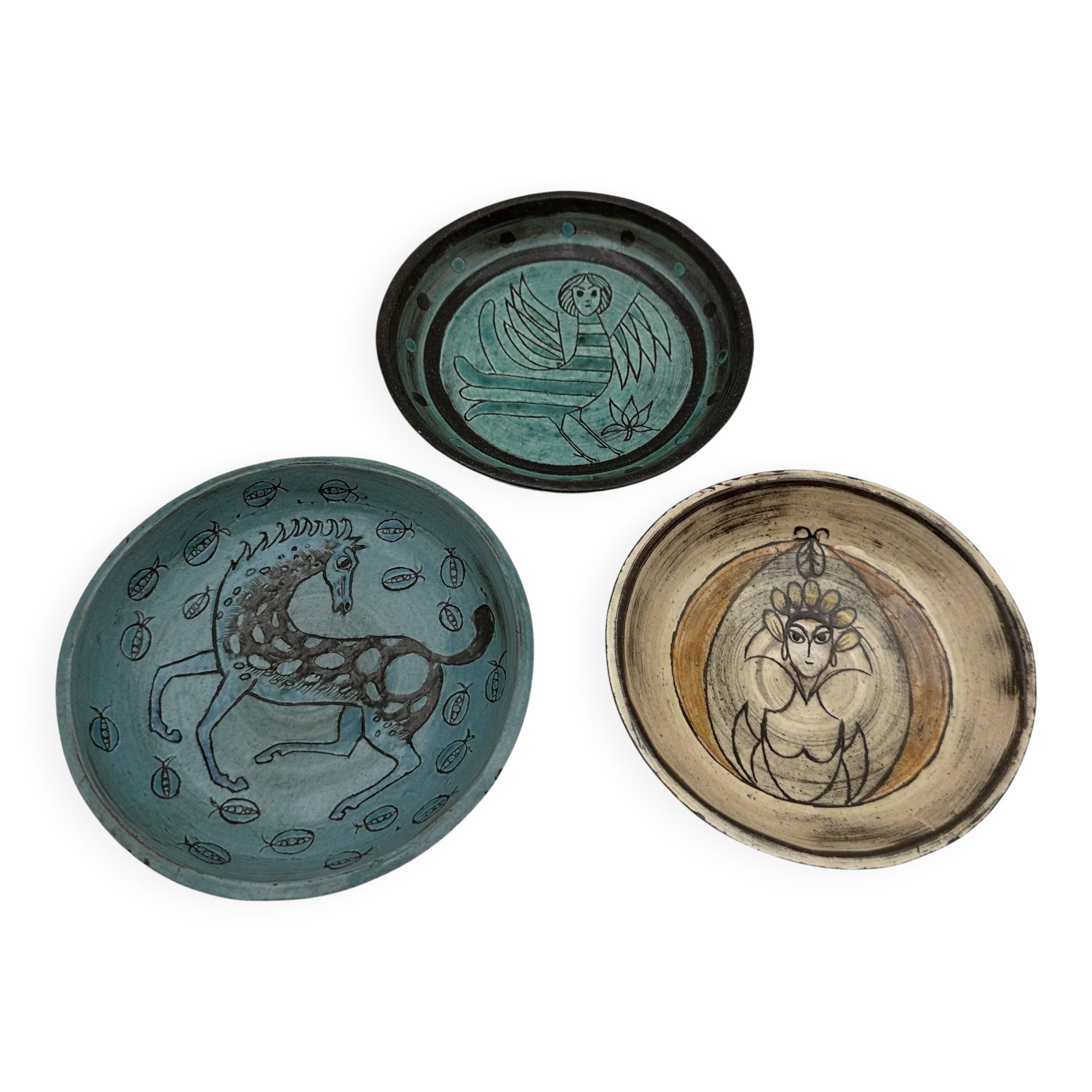 Set of Three Glazed Ceramic Bowls with Mythological Decoration, Pieces