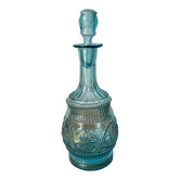 Carafe ancienne en verre moulé bleu turquoise